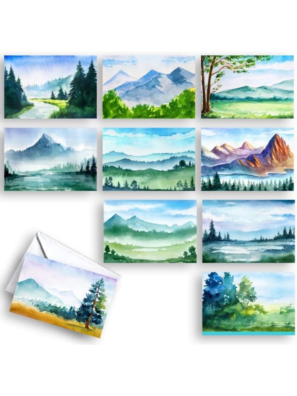 Watercolor Landscape Blank Note Cards | 20-Pack Assorted Greeting Cards